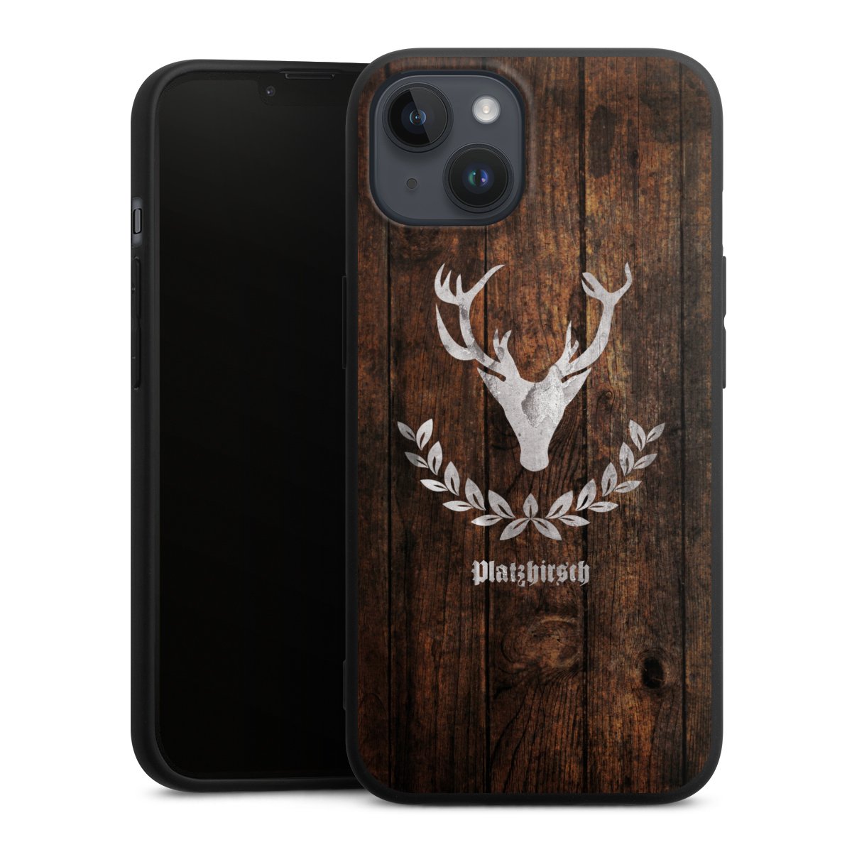 iPhone 14 Plus Handy Premium Silikon Hülle Handyhülle schwarz Case Deer Wood Wooden Look Silikon Premium Case