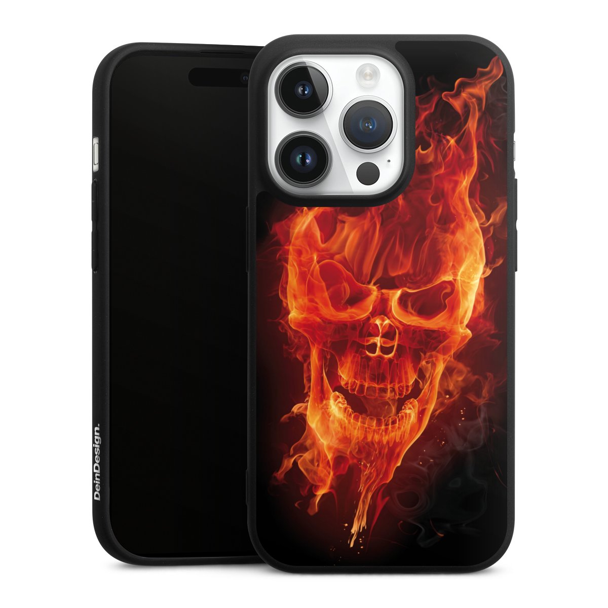 iPhone 14 Pro Handy Premium Silikon Hülle Handyhülle schwarz Case Totenkopf Skull Fire Silikon Premium Case