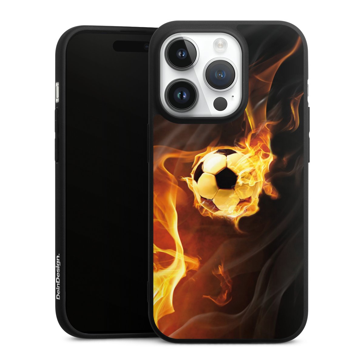 iPhone 14 Pro Handy Premium Silikon Hülle Handyhülle schwarz Case Ball Fire Soccer Silikon Premium Case