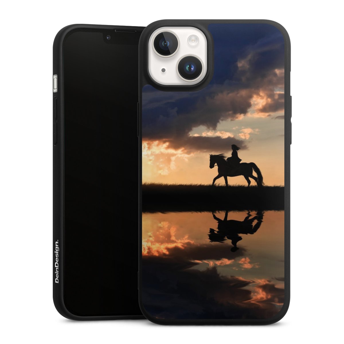 iPhone 14 Handy Premium Silikon Hülle Handyhülle schwarz Case Horse Sunset Horseback Riding Silikon Premium Case