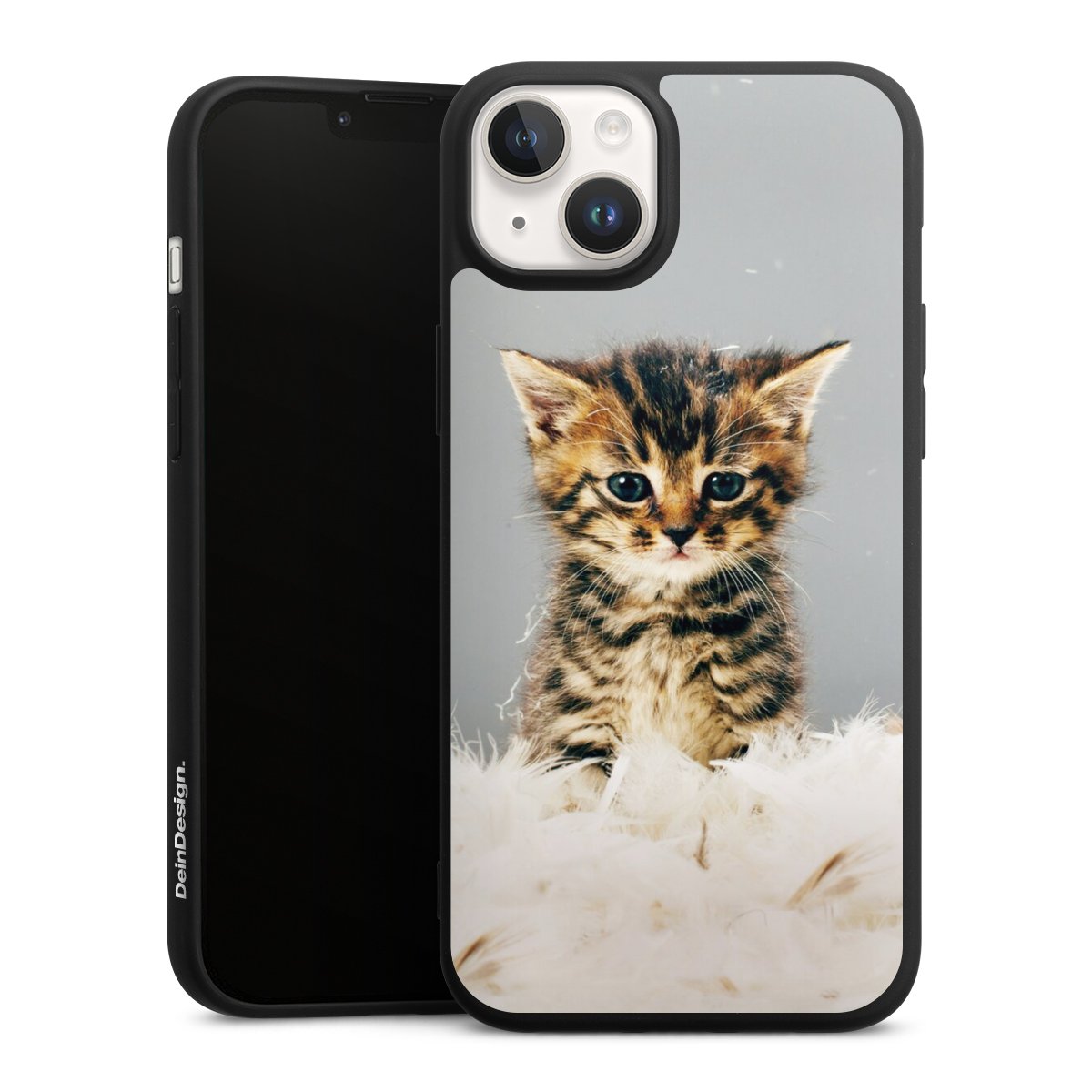 iPhone 14 Handy Premium Silikon Hülle Handyhülle schwarz Case Cat Feather Pet Silikon Premium Case