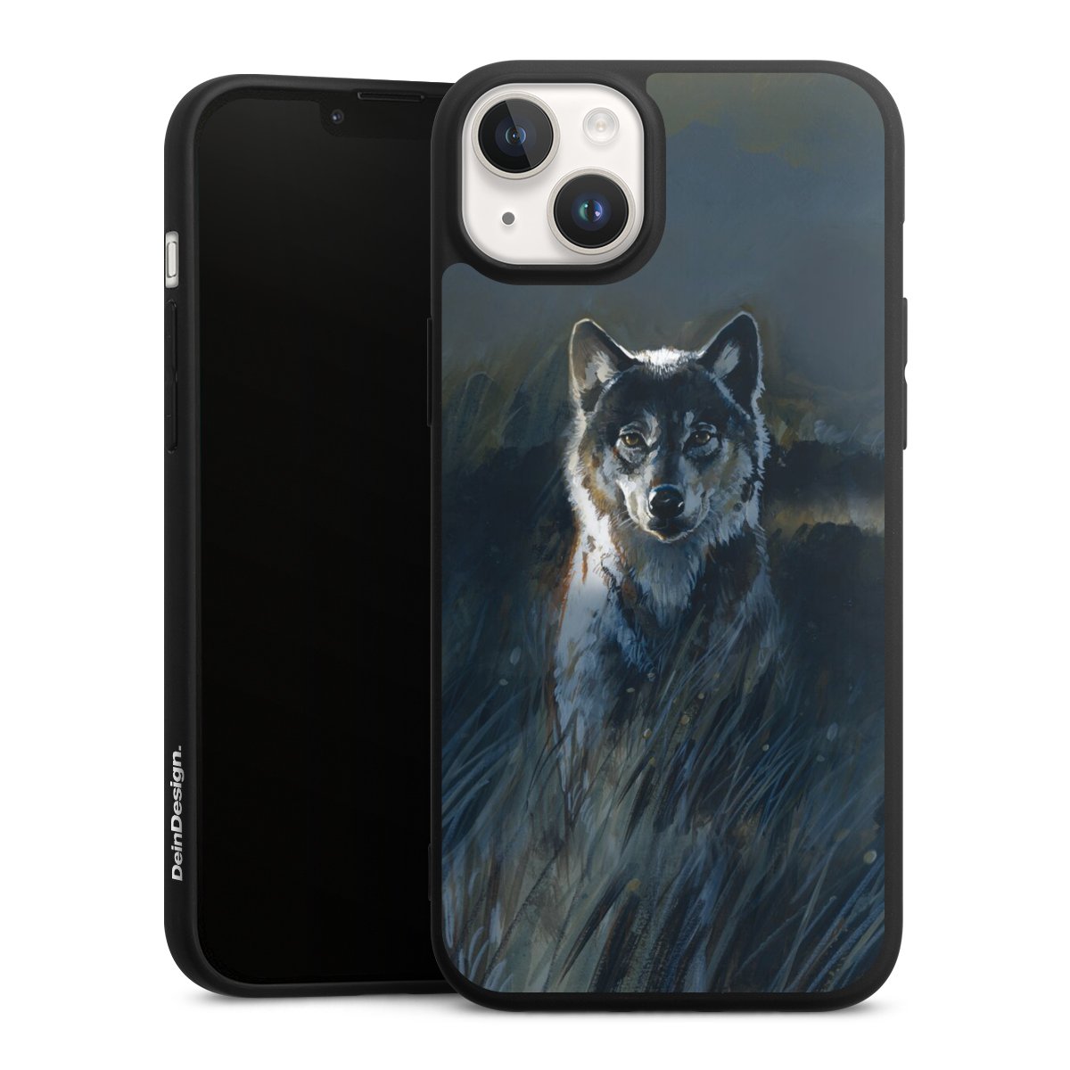 iPhone 14 Handy Premium Silikon Hülle Handyhülle schwarz Case Nature Wolf Painting Silikon Premium Case