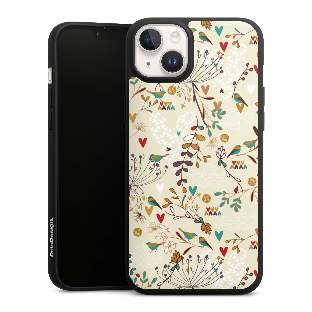 iPhone 14 Handy Premium Silikon Hülle Handyhülle schwarz Case Bird Flowers Retro Silikon Premium Case