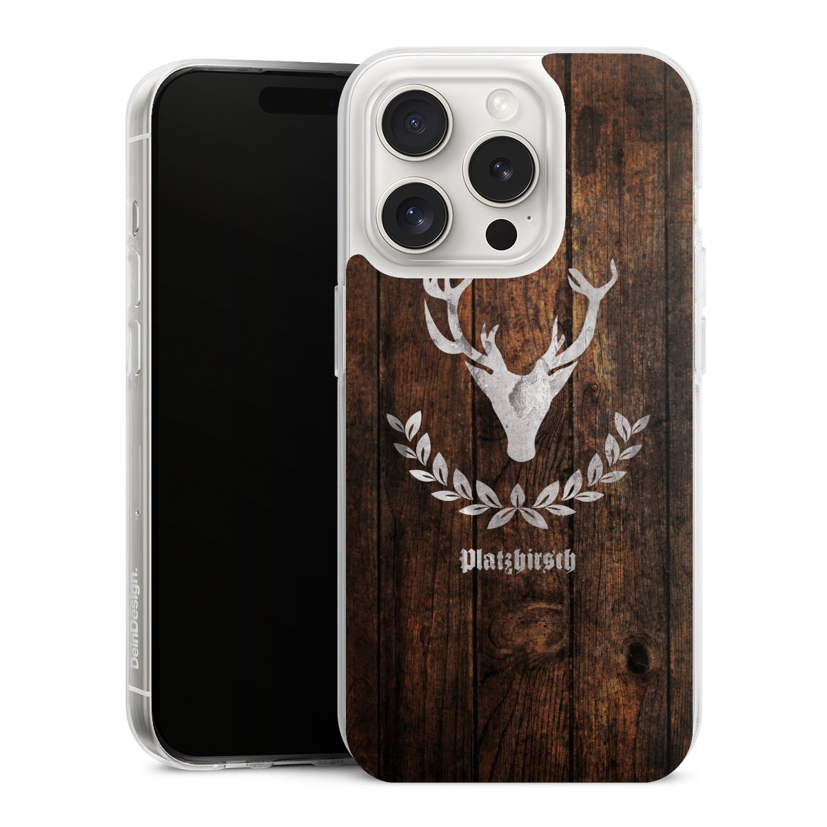 iPhone 15 Pro Handy Silikon Hülle Case transparent Handyhülle Deer Wood Wooden Look Silikon Case