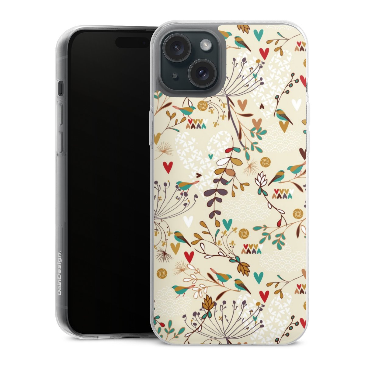 iPhone 15 Plus Handy Silikon Hülle Case transparent Handyhülle Bird Flowers Retro Silikon Case