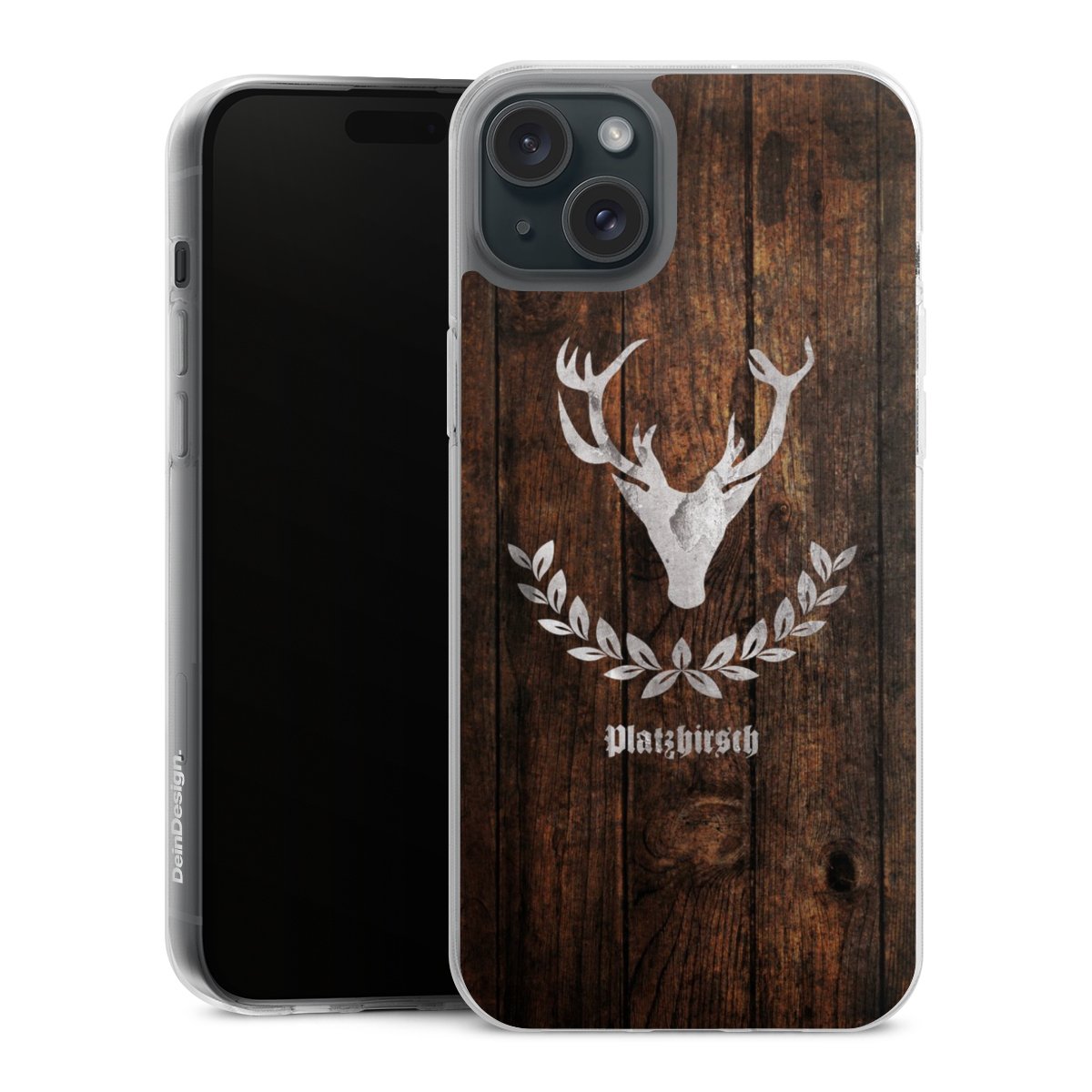 iPhone 15 Plus Handy Silikon Hülle Case transparent Handyhülle Deer Wood Wooden Look Silikon Case