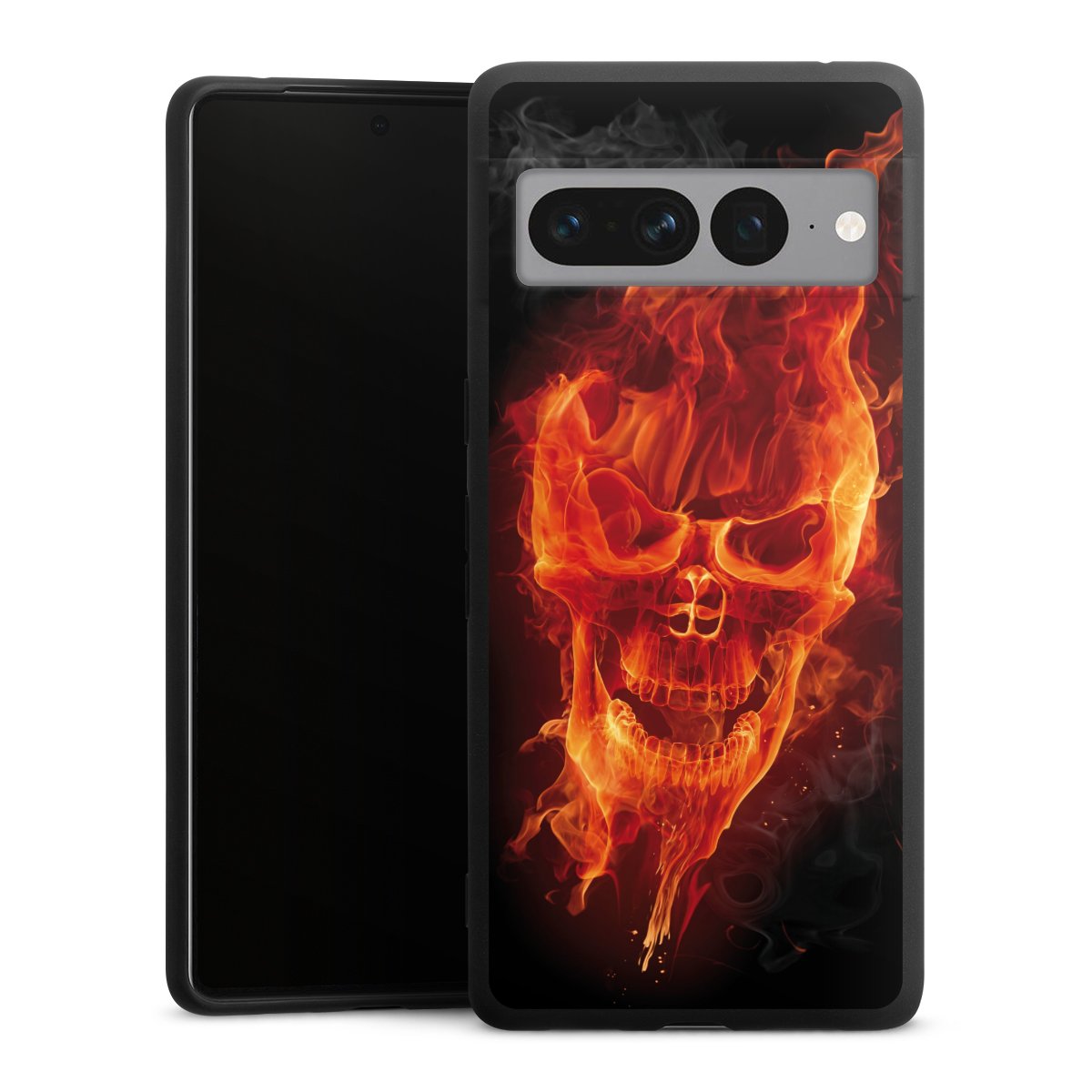 Google Pixel 7 Pro Handy Premium Silikon Hülle Handyhülle schwarz Case Totenkopf Skull Fire Silikon Premium Case