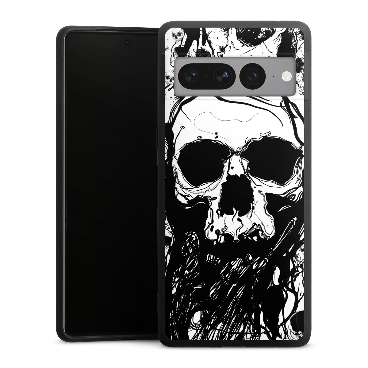 Google Pixel 7 Pro Handy Premium Silikon Hülle Handyhülle schwarz Case Totenkopf Halloween Silikon Premium Case