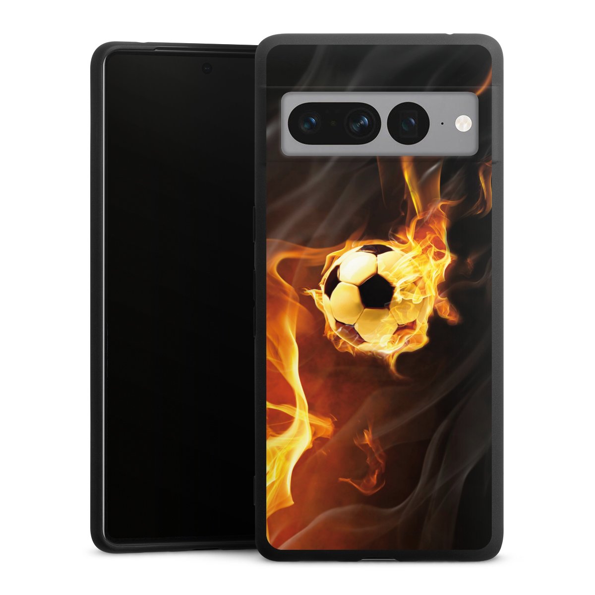 Google Pixel 7 Pro Handy Premium Silikon Hülle Handyhülle schwarz Case Ball Fire Soccer Silikon Premium Case