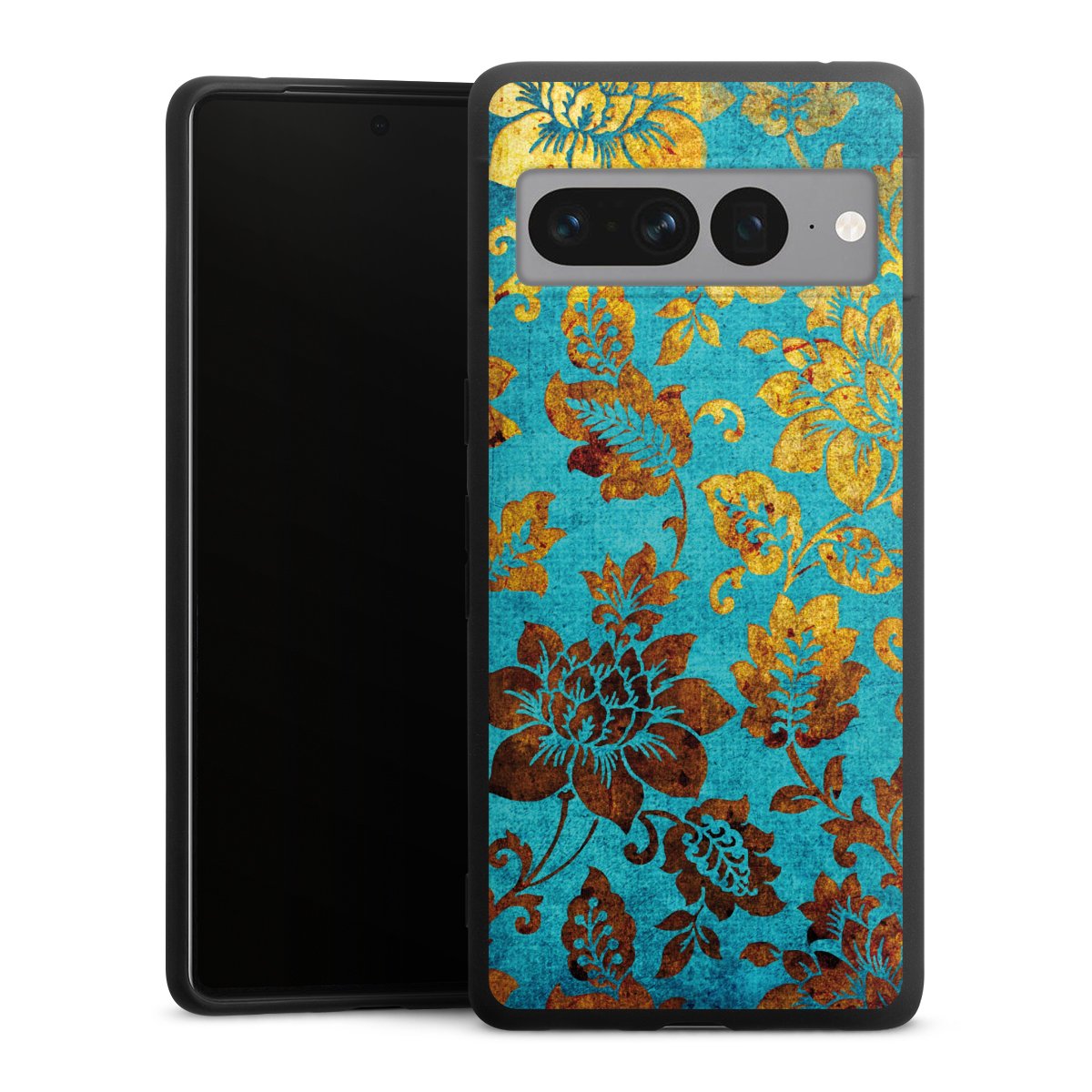 Google Pixel 7 Pro Handy Premium Silikon Hülle Handyhülle schwarz Case Ornament Vintage Flowers Silikon Premium Case