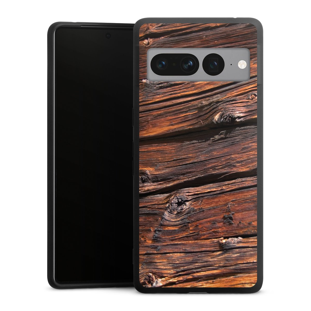 Google Pixel 7 Pro Handy Premium Silikon Hülle Handyhülle schwarz Case Beams Wooden Look Wood Silikon Premium Case