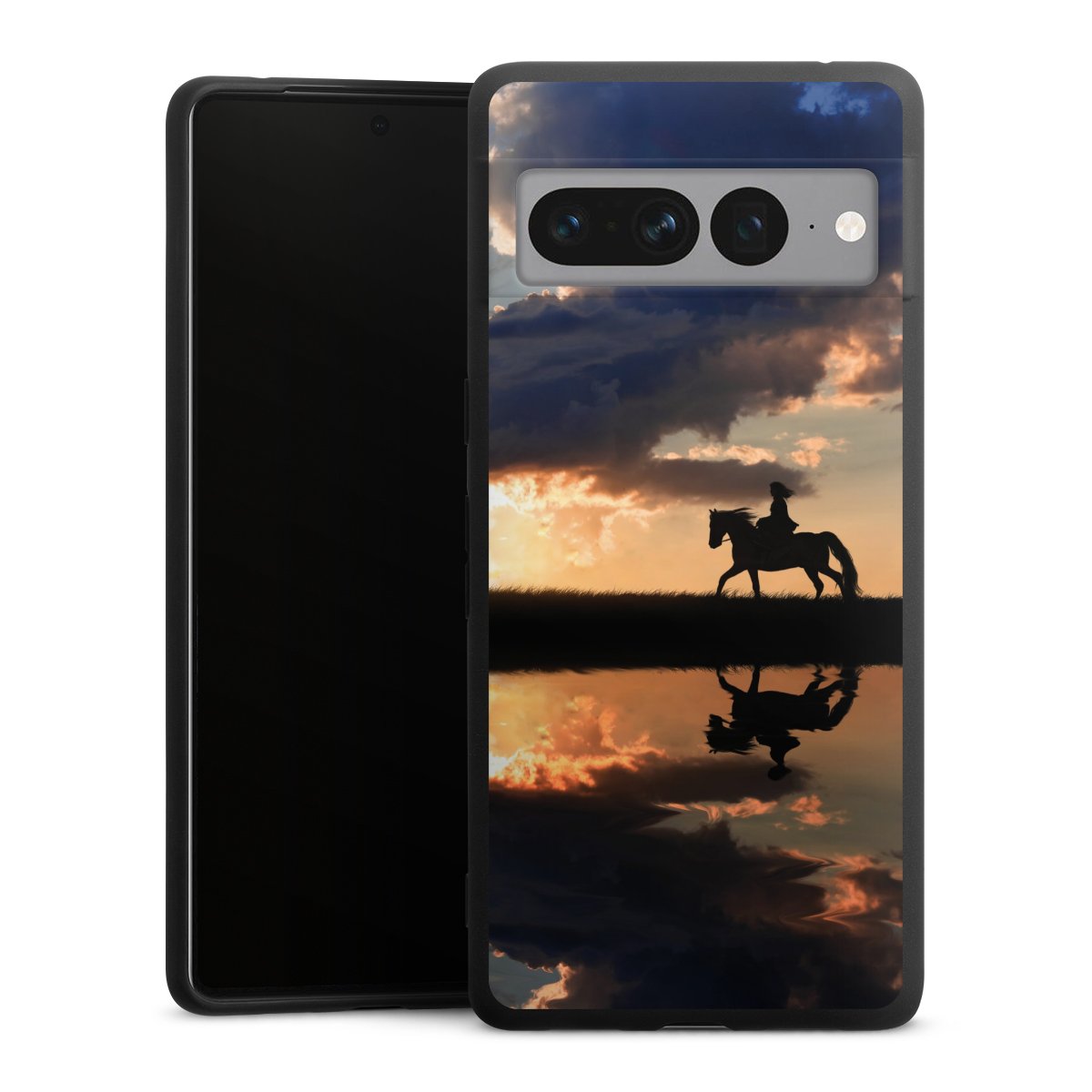 Google Pixel 7 Pro Handy Premium Silikon Hülle Handyhülle schwarz Case Horse Sunset Horseback Riding Silikon Premium Case