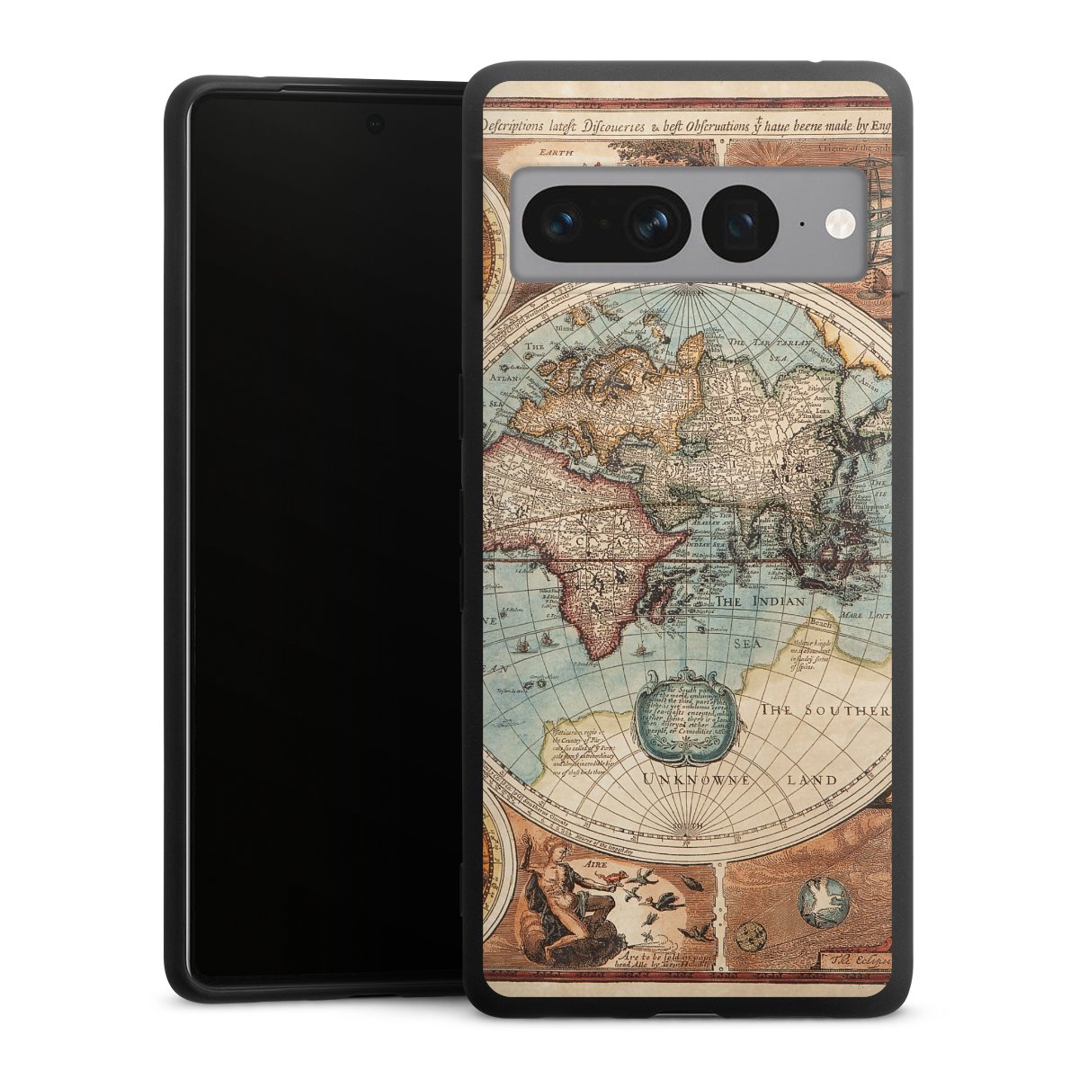 Google Pixel 7 Pro Handy Premium Silikon Hülle Handyhülle schwarz Case World Map Vintage Map Silikon Premium Case