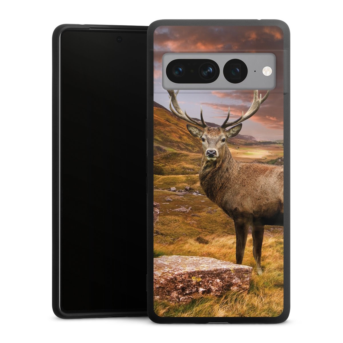 Google Pixel 7 Pro Handy Premium Silikon Hülle Handyhülle schwarz Case Meadow Mountain Deer Silikon Premium Case