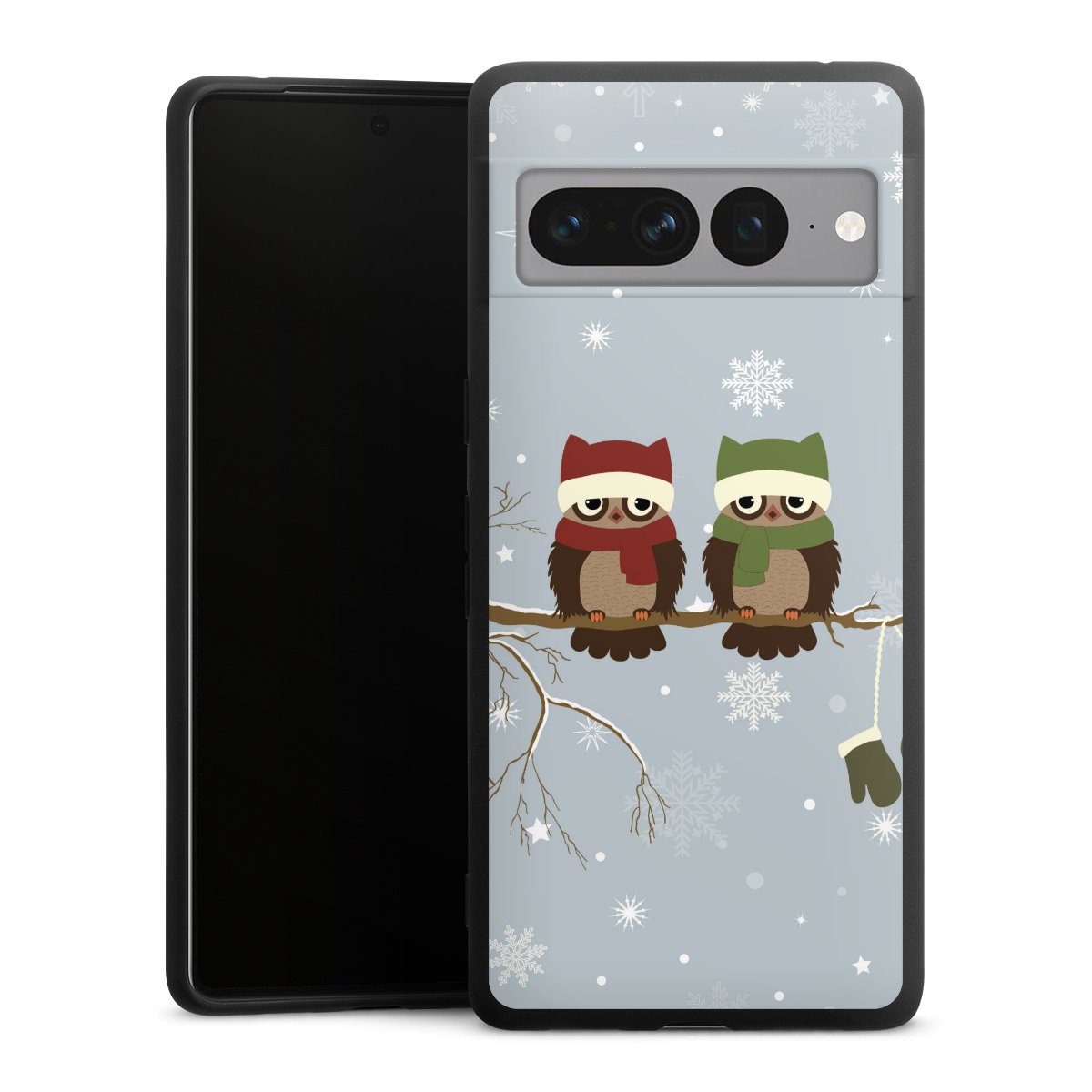 Google Pixel 7 Pro Handy Premium Silikon Hülle Handyhülle schwarz Case Owl Winter Christmas Silikon Premium Case