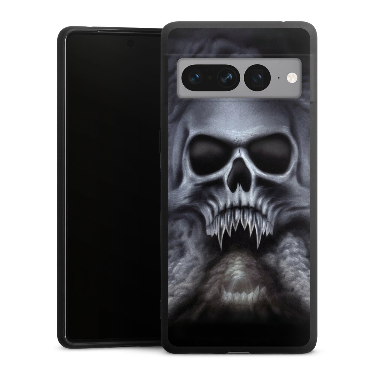 Google Pixel 7 Pro Handy Premium Silikon Hülle Handyhülle schwarz Case Totenkopf Skull Silikon Premium Case