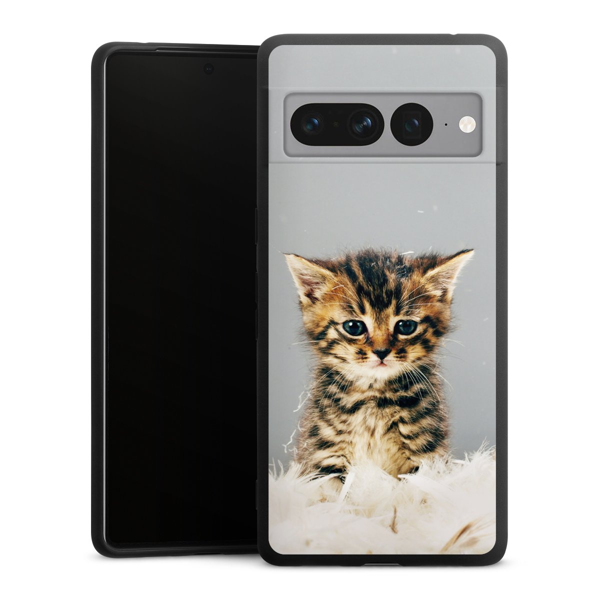 Google Pixel 7 Pro Handy Premium Silikon Hülle Handyhülle schwarz Case Cat Feather Pet Silikon Premium Case