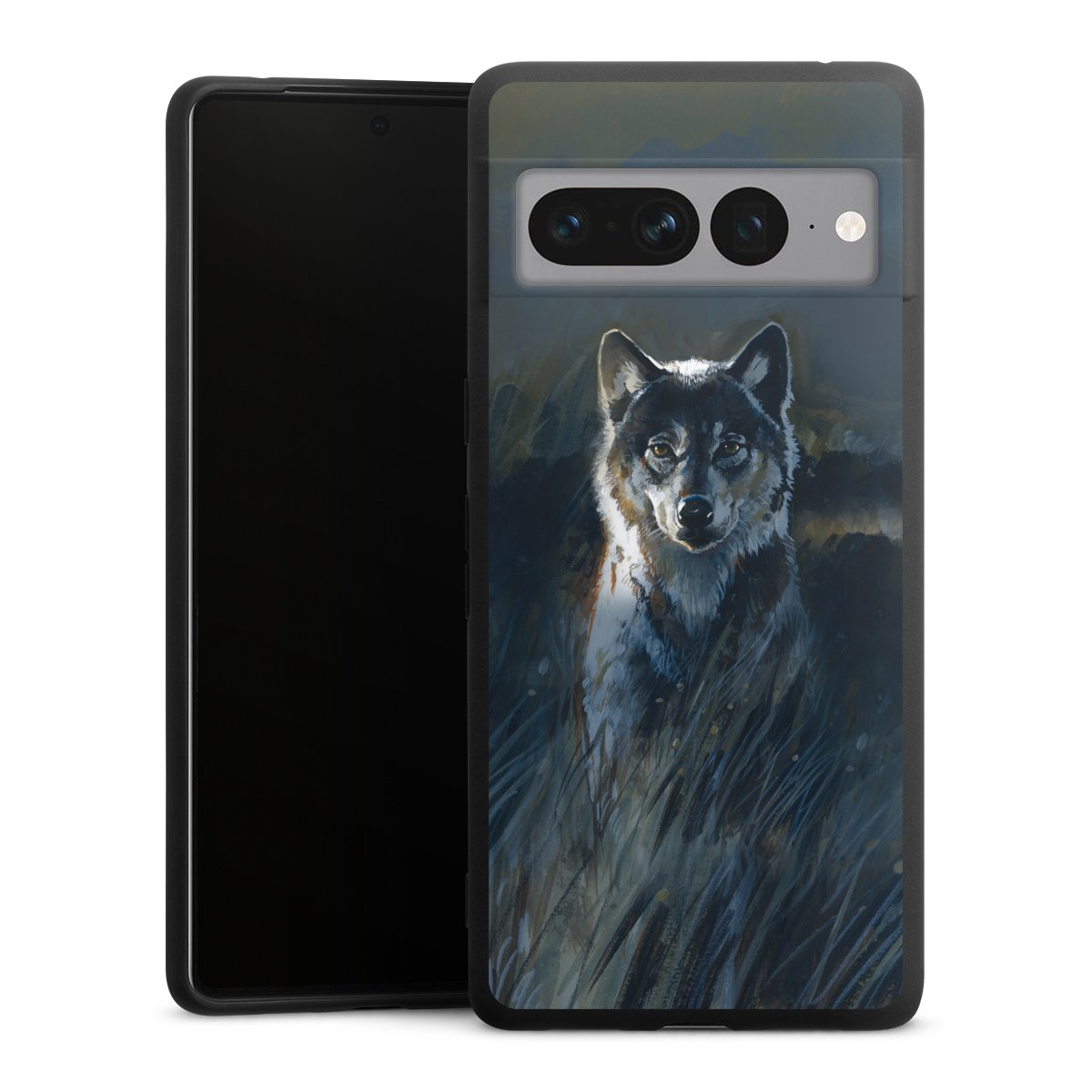 Google Pixel 7 Pro Handy Premium Silikon Hülle Handyhülle schwarz Case Nature Wolf Painting Silikon Premium Case