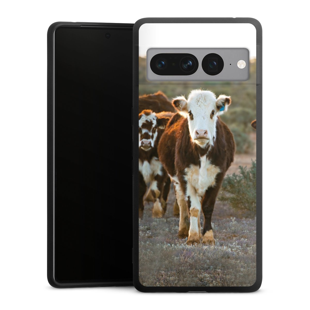 Google Pixel 7 Pro Handy Premium Silikon Hülle Handyhülle schwarz Case Cow Farmer Calf Silikon Premium Case