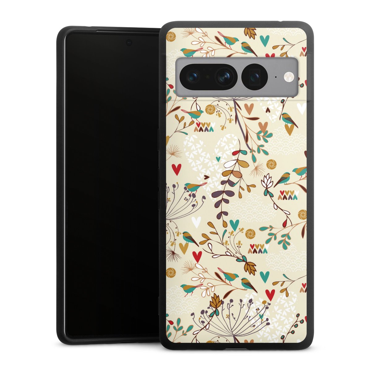 Google Pixel 7 Pro Handy Premium Silikon Hülle Handyhülle schwarz Case Bird Flowers Retro Silikon Premium Case