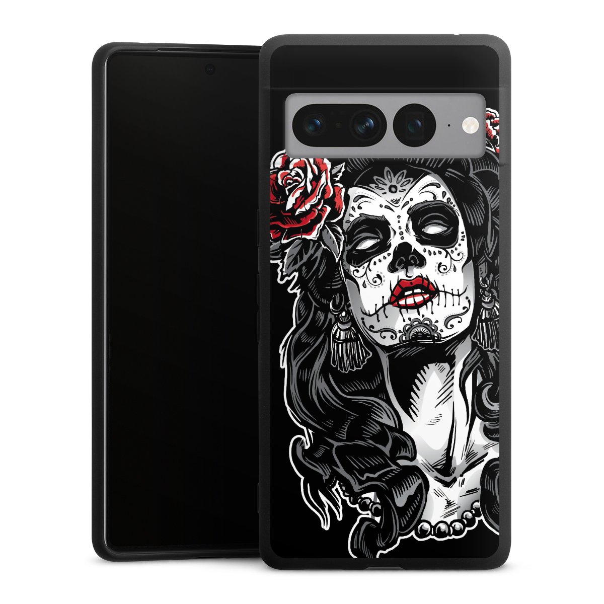 Google Pixel 7 Pro Handy Premium Silikon Hülle Handyhülle schwarz Case Totenkopf Día De Los Muertos Rock 'N' Roll Silikon Premium Case