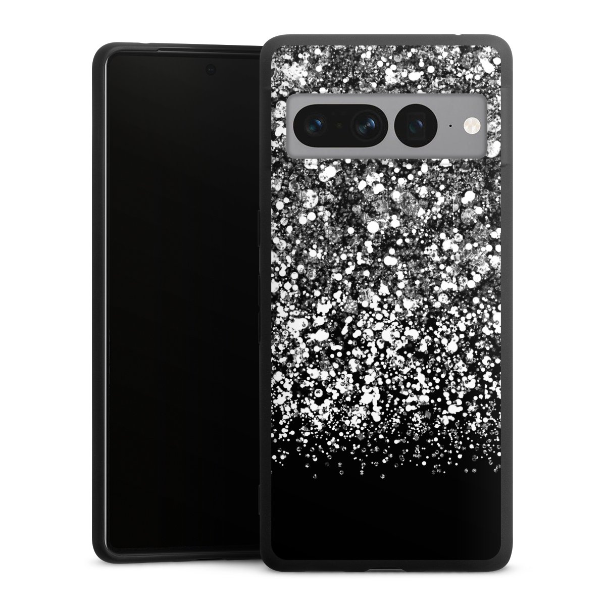 Google Pixel 7 Pro Handy Premium Silikon Hülle Handyhülle schwarz Case Glitzer Snowflake Muster Silikon Premium Case