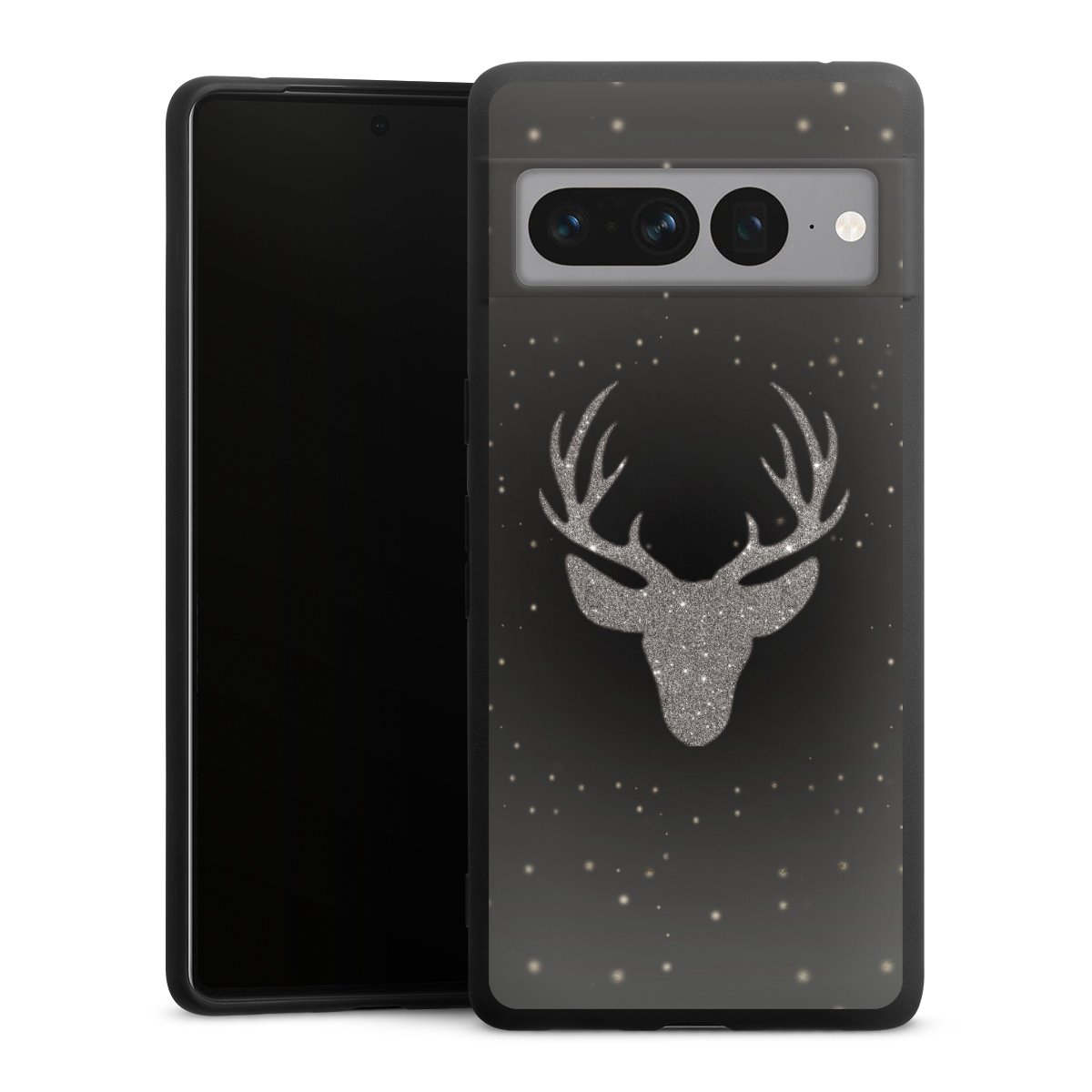 Google Pixel 7 Pro Handy Premium Silikon Hülle Handyhülle schwarz Case Winter Deer Glitzer Silikon Premium Case