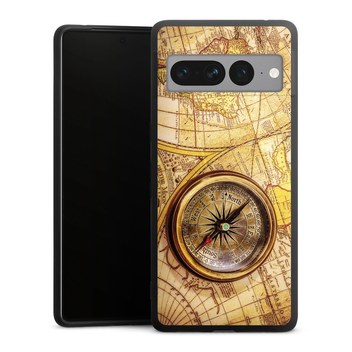 Google Pixel 7 Pro Handy Premium Silikon Hülle Handyhülle schwarz Case World Map Map Compass Silikon Premium Case