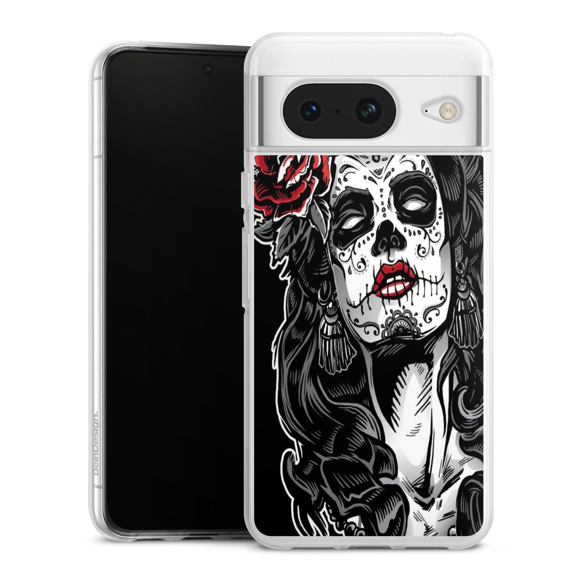 Google Pixel 8 Handy Silikon Hülle Case transparent Handyhülle Totenkopf Día De Los Muertos Rock 'N' Roll Silikon Case