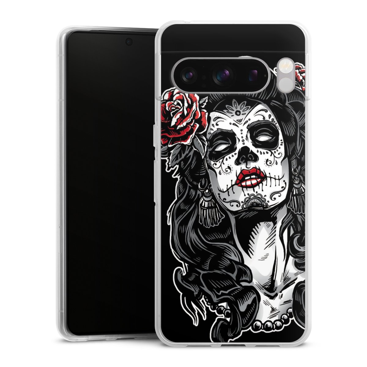 Google Pixel 8 Pro Handy Silikon Hülle Case transparent Handyhülle Totenkopf Día De Los Muertos Rock 'N' Roll Silikon Case