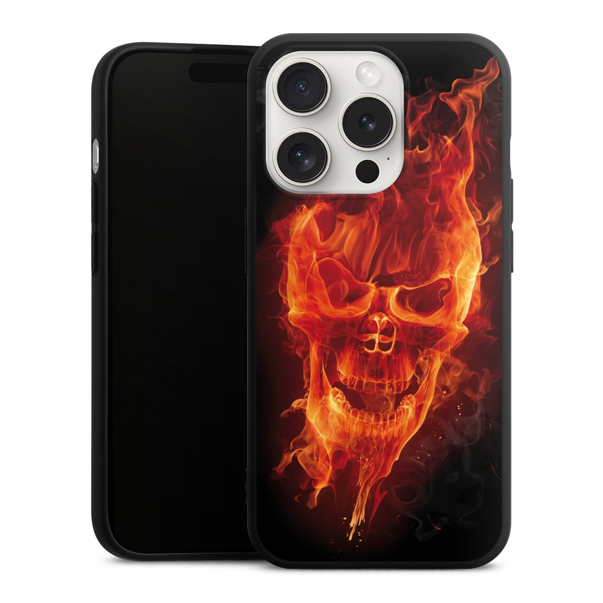 iPhone 15 Pro Handy Premium Silikon Hülle Handyhülle schwarz Case Totenkopf Skull Fire Silikon Premium Case