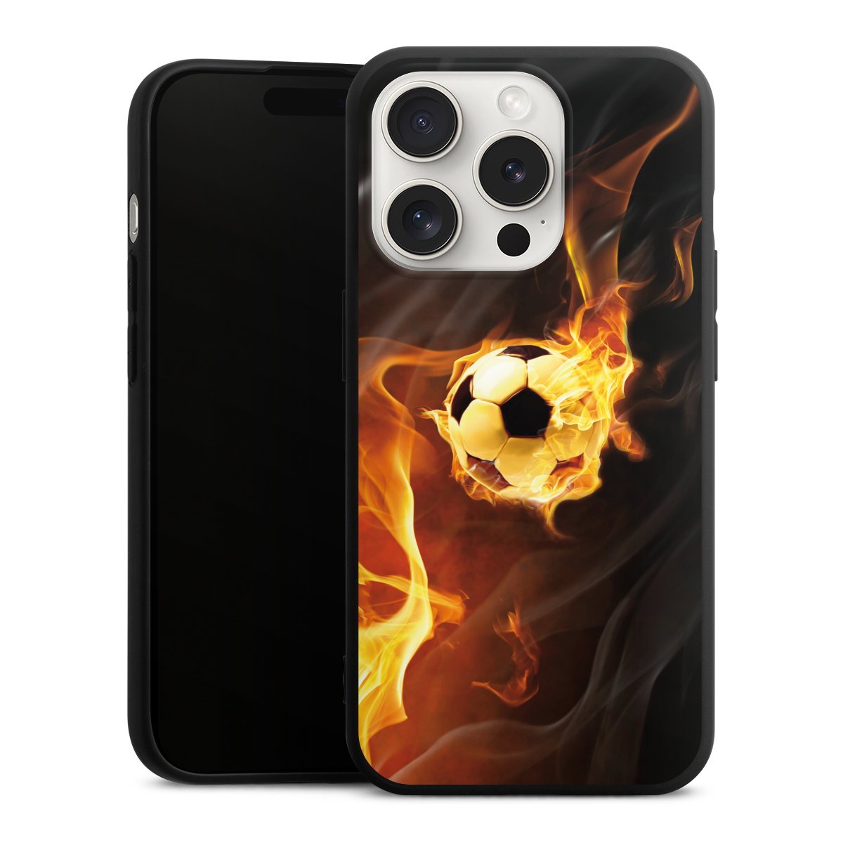 iPhone 15 Pro Handy Premium Silikon Hülle Handyhülle schwarz Case Ball Fire Soccer Silikon Premium Case