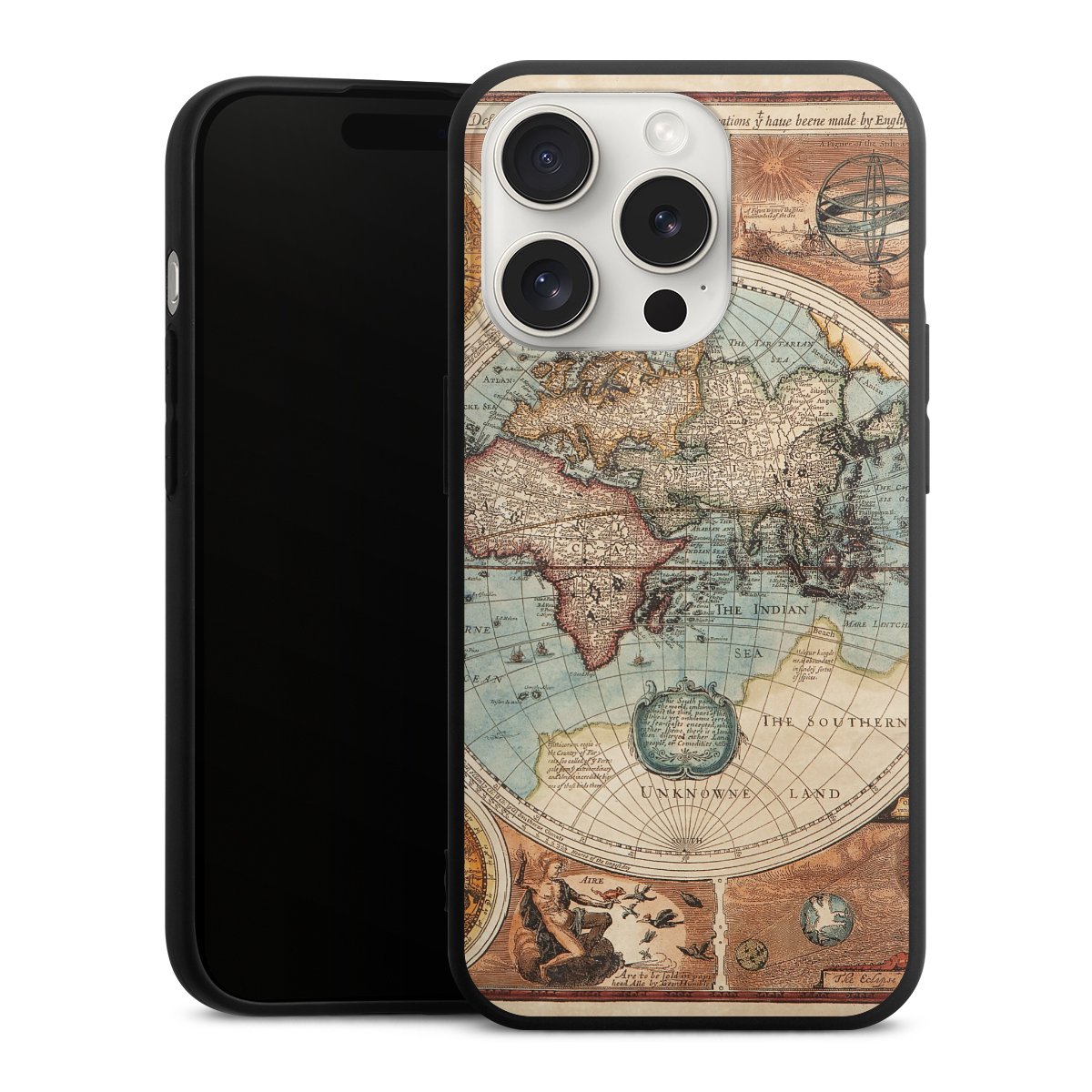 iPhone 15 Pro Handy Premium Silikon Hülle Handyhülle schwarz Case World Map Vintage Map Silikon Premium Case