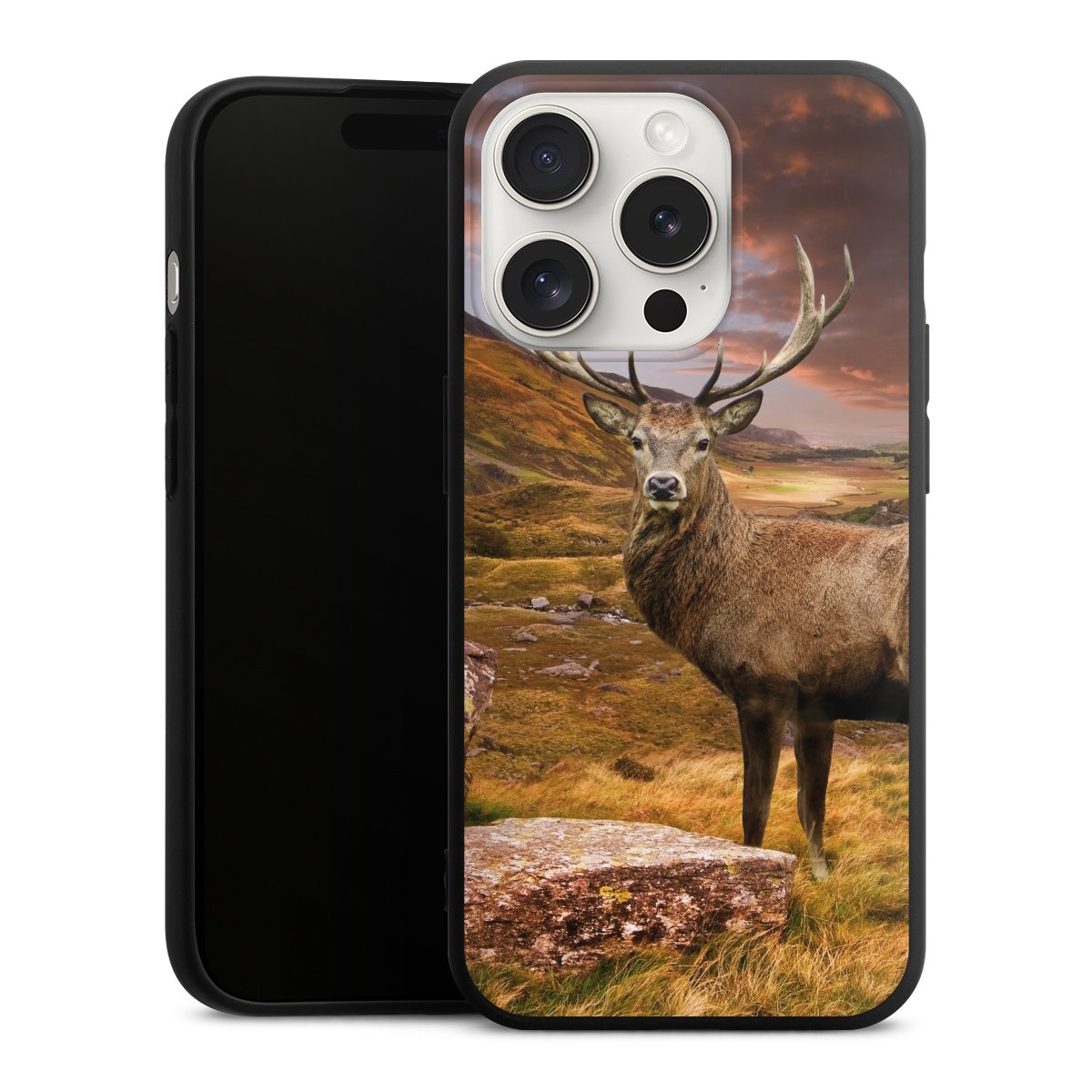 iPhone 15 Pro Handy Premium Silikon Hülle Handyhülle schwarz Case Meadow Mountain Deer Silikon Premium Case