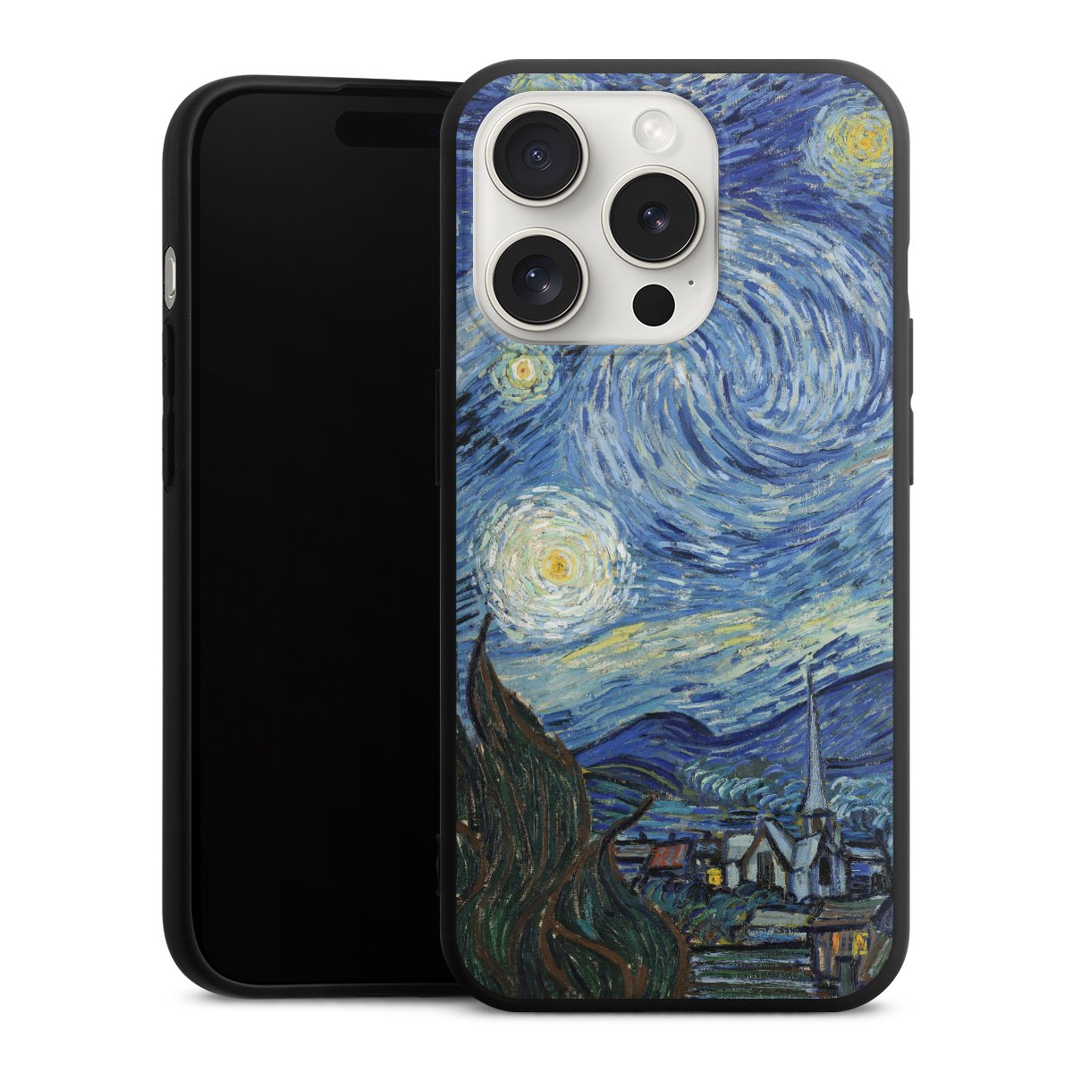 iPhone 15 Pro Handy Premium Silikon Hülle Handyhülle schwarz Case The Starry Night Kunst Vincent Van Gogh Silikon Premium Case