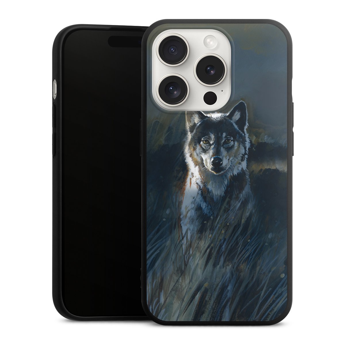 iPhone 15 Pro Handy Premium Silikon Hülle Handyhülle schwarz Case Nature Wolf Painting Silikon Premium Case