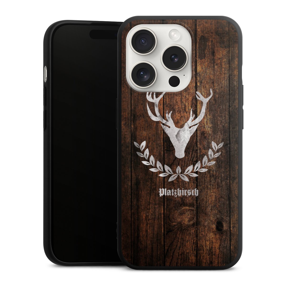 iPhone 15 Pro Handy Premium Silikon Hülle Handyhülle schwarz Case Deer Wood Wooden Look Silikon Premium Case