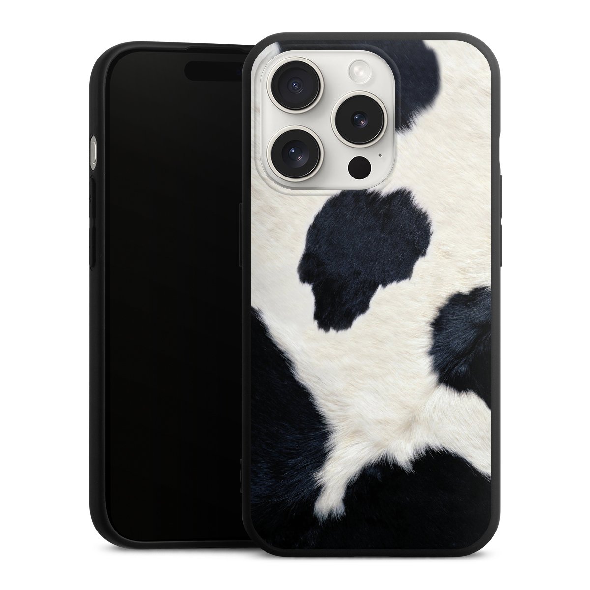 iPhone 15 Pro Handy Premium Silikon Hülle Handyhülle schwarz Case Animal Look Animal Print Cow Skin Silikon Premium Case