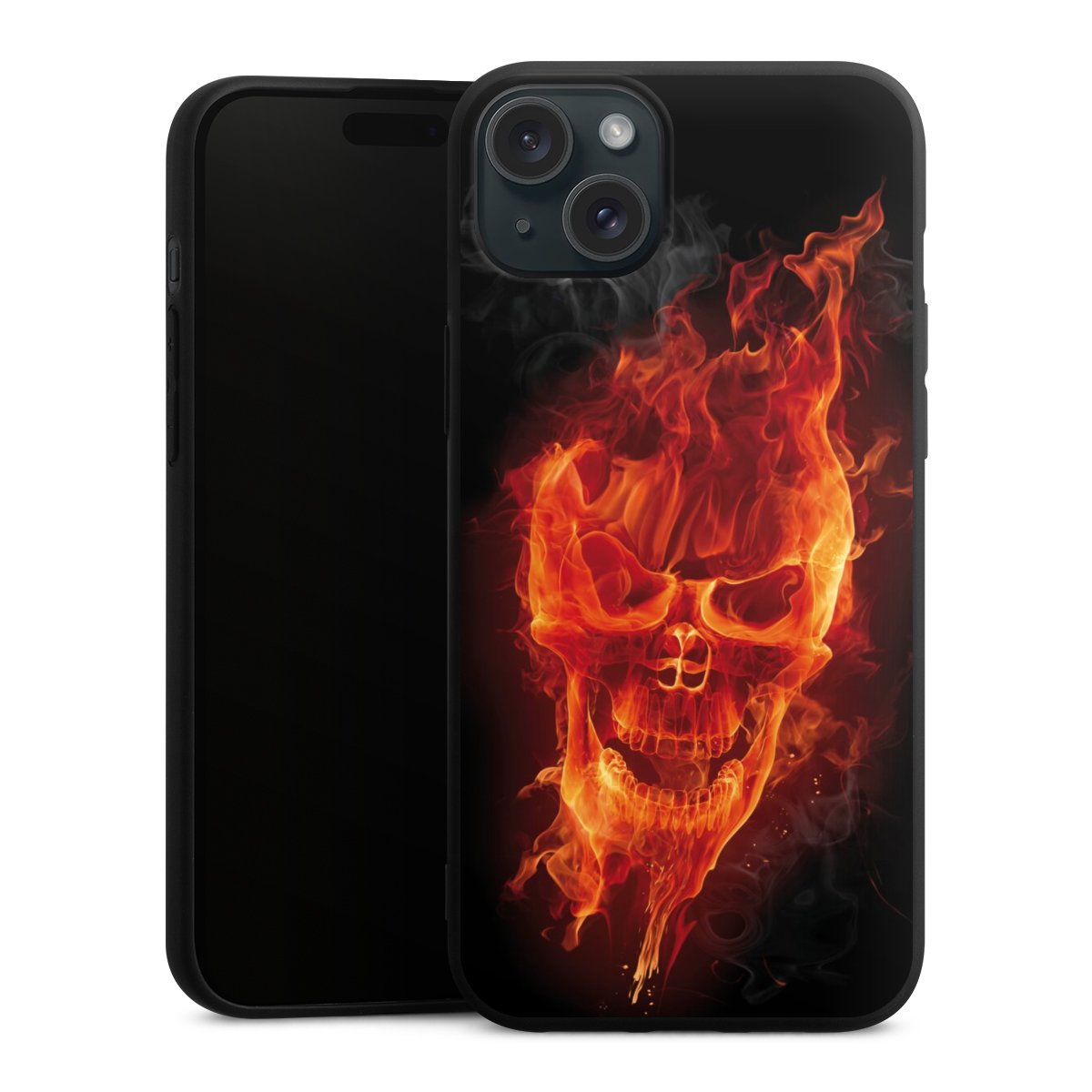 iPhone 15 Plus Handy Premium Silikon Hülle Handyhülle schwarz Case Totenkopf Skull Fire Silikon Premium Case