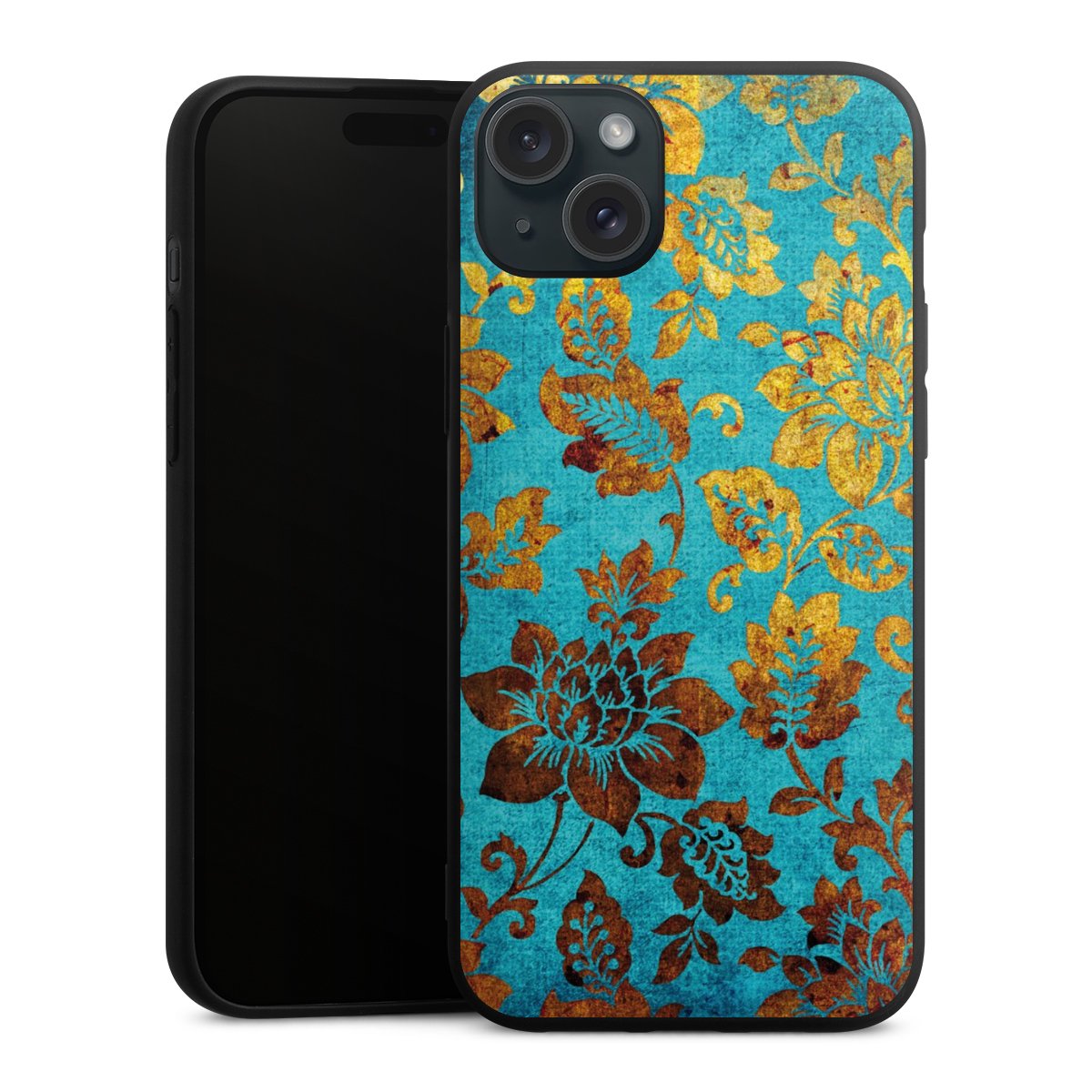 iPhone 15 Plus Handy Premium Silikon Hülle Handyhülle schwarz Case Ornament Vintage Flowers Silikon Premium Case