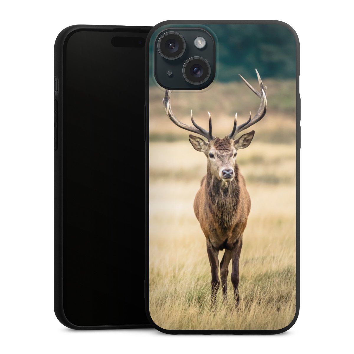 iPhone 15 Plus Handy Premium Silikon Hülle Handyhülle schwarz Case Deer Meadow Forrest Silikon Premium Case