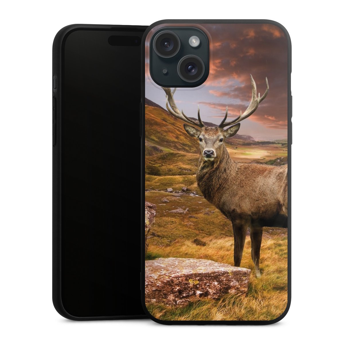 iPhone 15 Plus Handy Premium Silikon Hülle Handyhülle schwarz Case Meadow Mountain Deer Silikon Premium Case