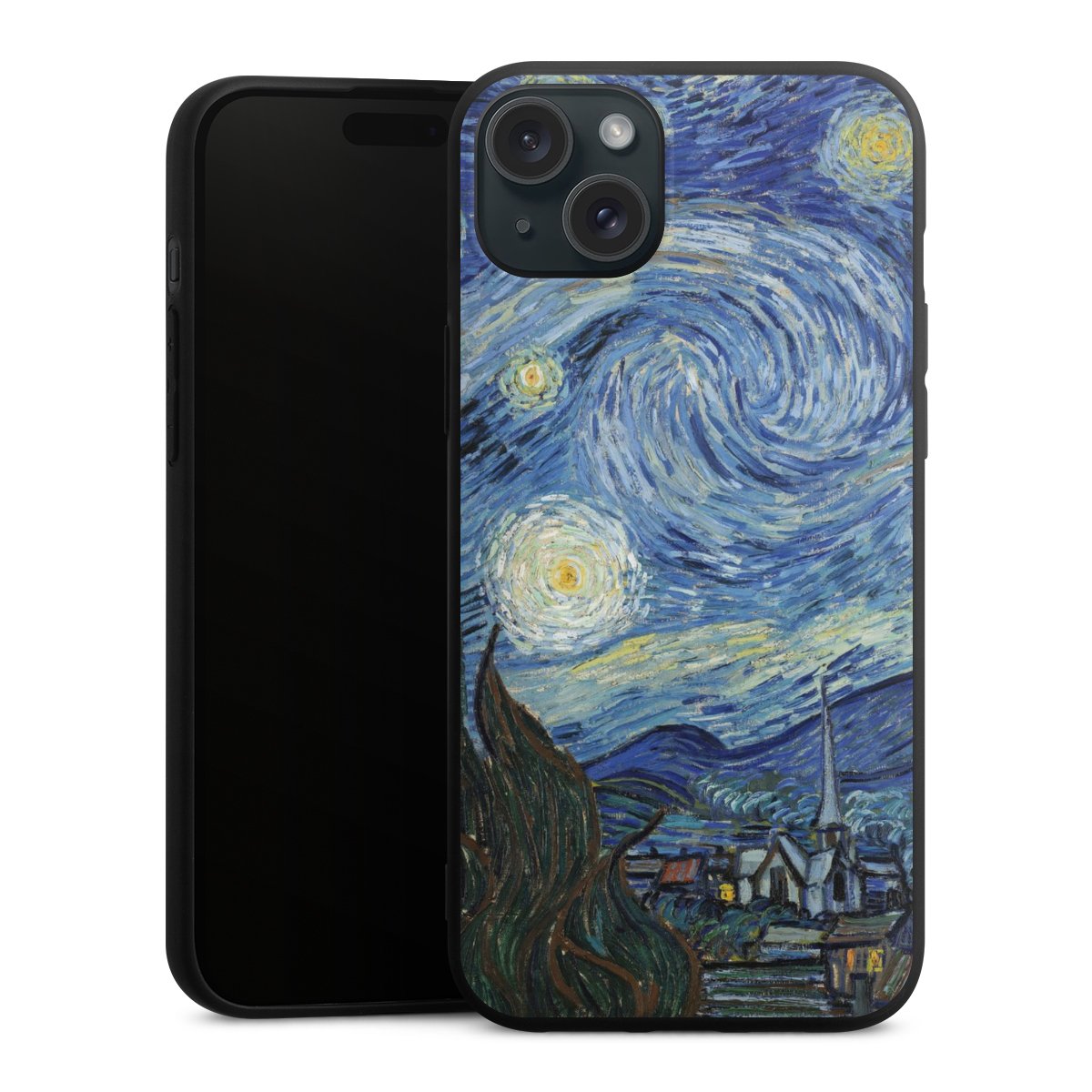 iPhone 15 Plus Handy Premium Silikon Hülle Handyhülle schwarz Case The Starry Night Kunst Vincent Van Gogh Silikon Premium Case