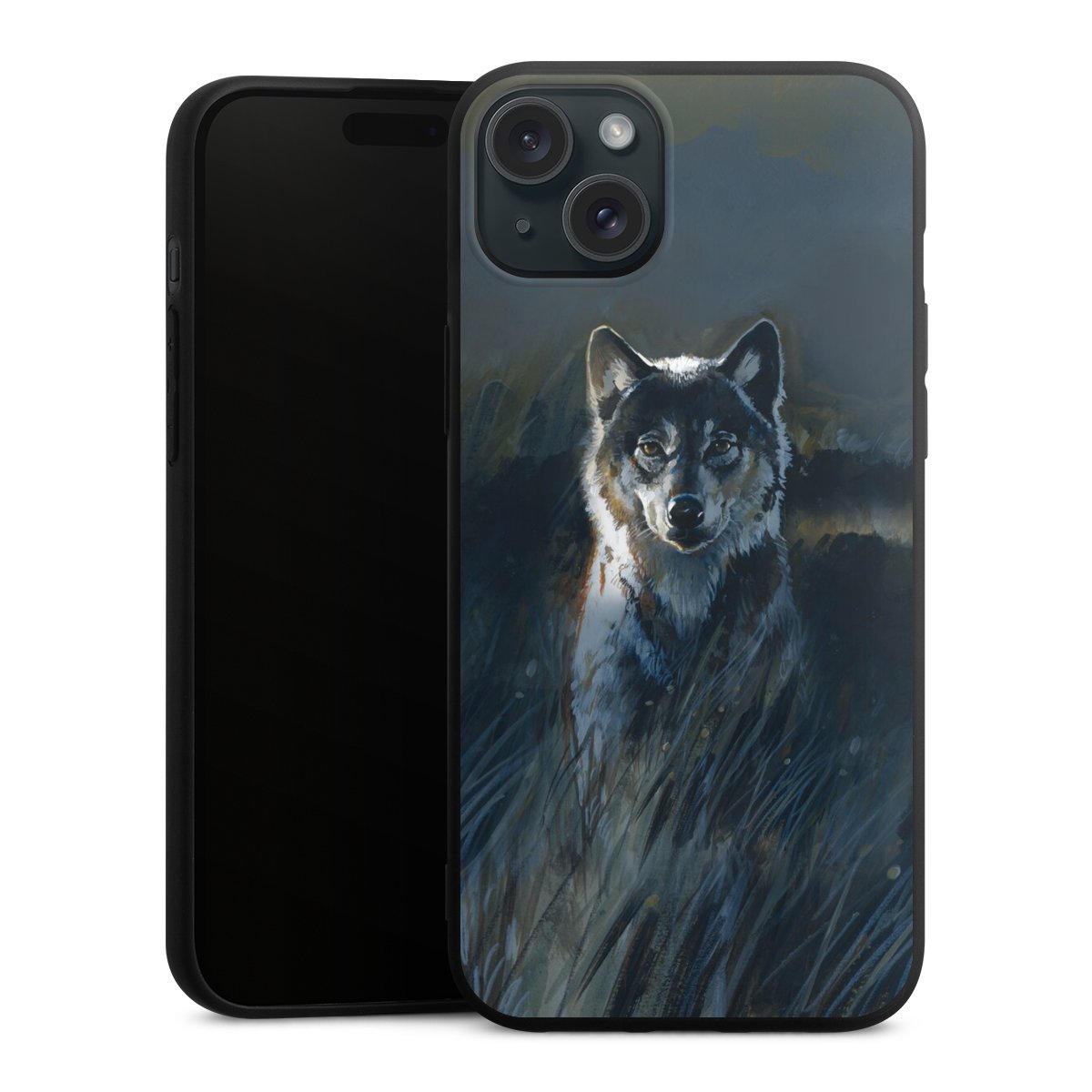 iPhone 15 Plus Handy Premium Silikon Hülle Handyhülle schwarz Case Nature Wolf Painting Silikon Premium Case