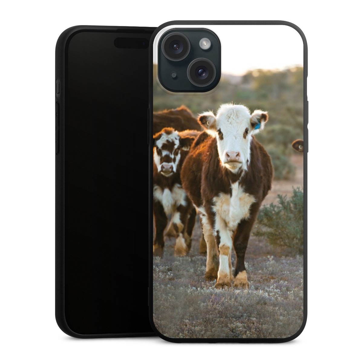 iPhone 15 Plus Handy Premium Silikon Hülle Handyhülle schwarz Case Cow Farmer Calf Silikon Premium Case