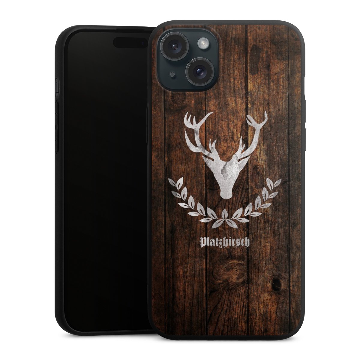 iPhone 15 Plus Handy Premium Silikon Hülle Handyhülle schwarz Case Deer Wood Wooden Look Silikon Premium Case