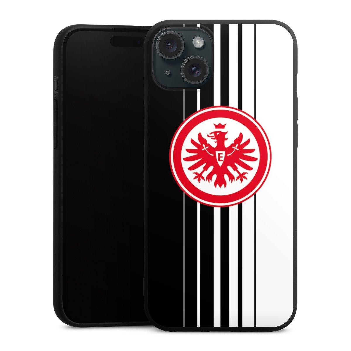 iPhone 15 Plus Handy Premium Silikon Hülle Handyhülle schwarz Case Stripes Eintracht Frankfurt Official Licensed Product Silikon Premium Case