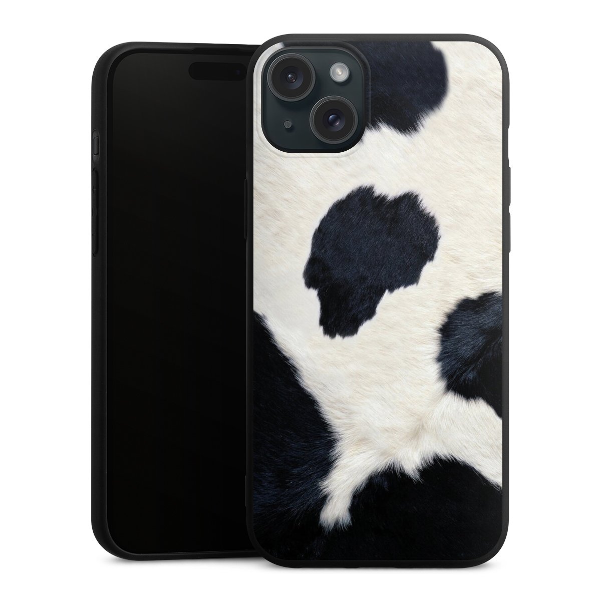 iPhone 15 Plus Handy Premium Silikon Hülle Handyhülle schwarz Case Animal Look Animal Print Cow Skin Silikon Premium Case