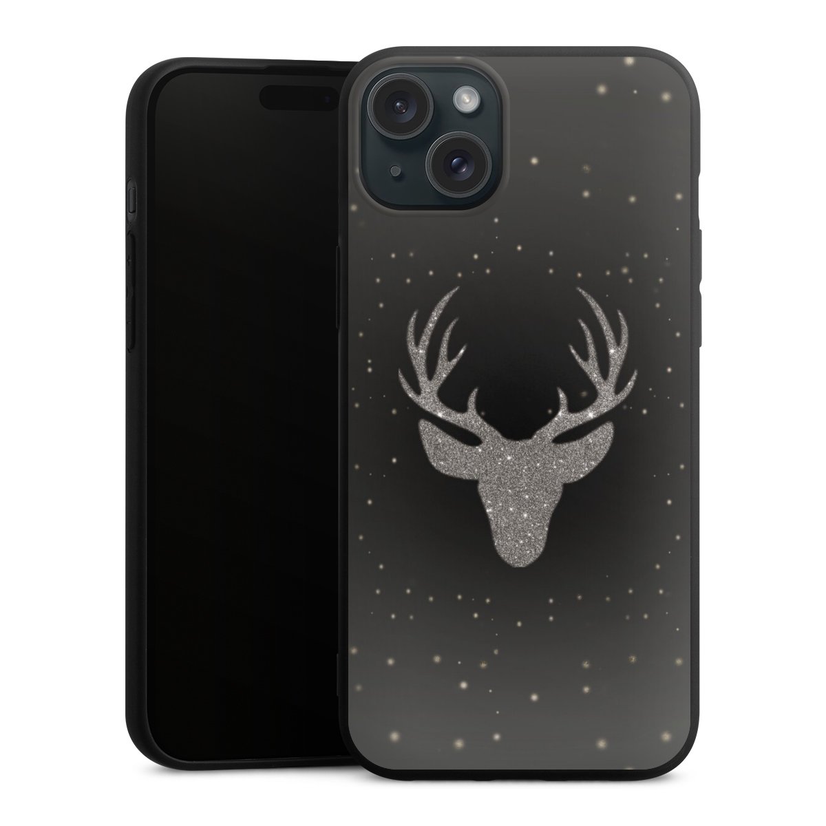 iPhone 15 Plus Handy Premium Silikon Hülle Handyhülle schwarz Case Winter Deer Glitzer Silikon Premium Case