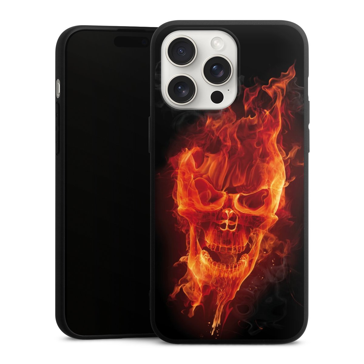 iPhone 15 Pro Max Handy Premium Silikon Hülle Handyhülle schwarz Case Totenkopf Skull Fire Silikon Premium Case